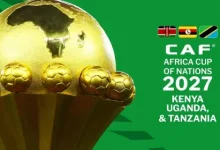 AFCON 2027 trophy with a gold ball and small globe accents on a green background, logo and host nations Kenya, Uganda, Tanzania.png