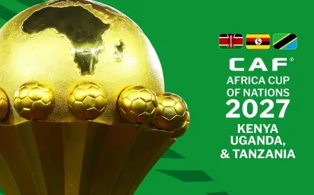AFCON 2027 trophy with a gold ball and small globe accents on a green background, logo and host nations Kenya, Uganda, Tanzania.png