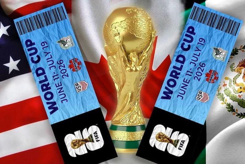 World Cup 2026 tickets beside the golden FIFA World Cup trophy with flags in the background (June 11–July 19, 2026).
