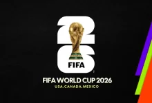 FIFA World Cup 2026 logo with the trophy centered in a white 2026 glyph on a black background, hosts USA, Canada, and Mexico
