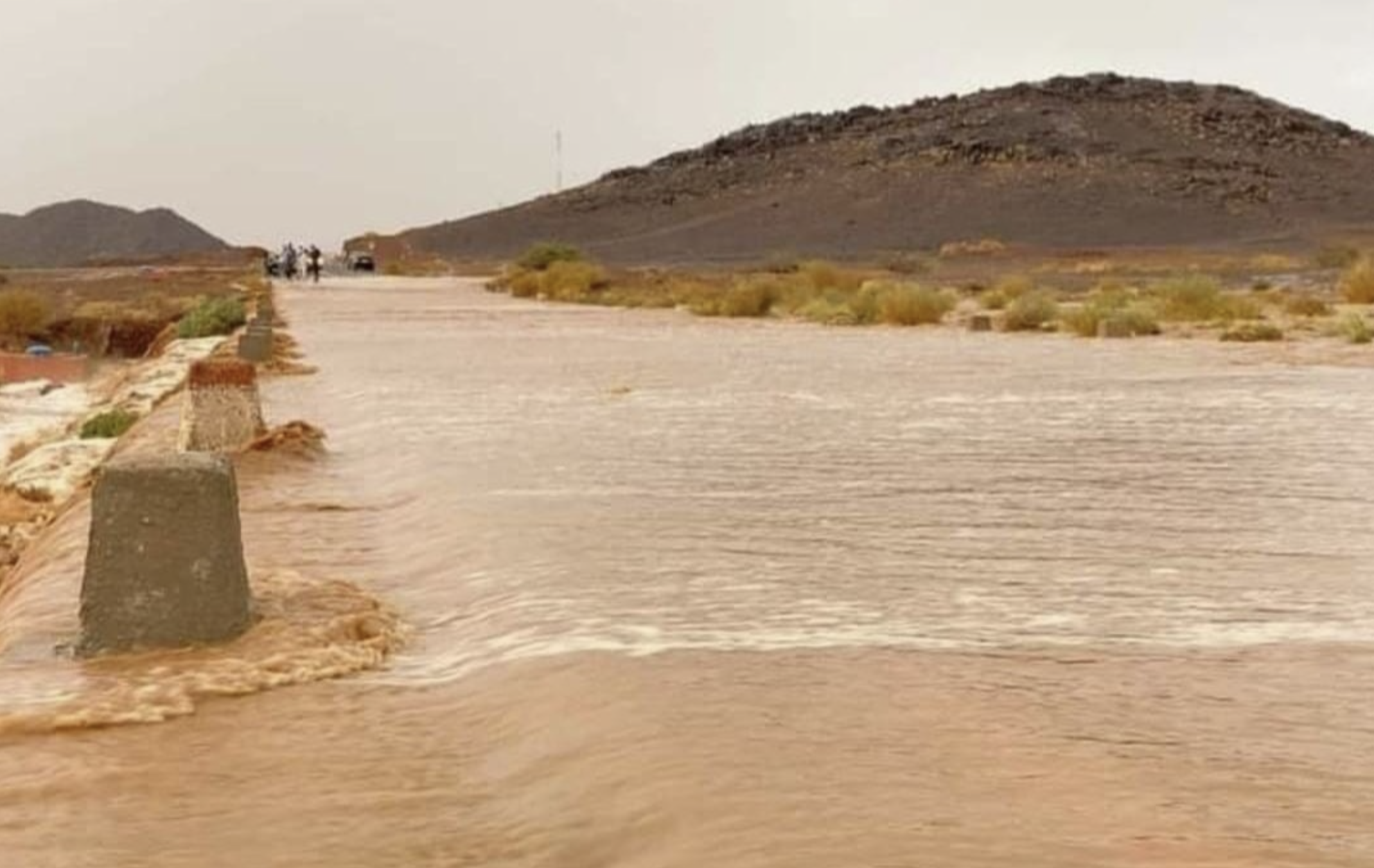 screenshot-2025-11-10-154646 | MCG24 | موقع إلكتروني مغربي شامل متجدد على مدار الساعة Wide view of a flat, flooded plain with a low concrete embankment along the left edge and distant brown hills under a pale sky; a small group of people stands near the road far away.