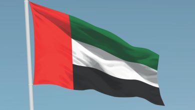 United Arab Emirates flag waving on a flagpole against a clear blue sky.