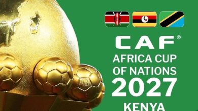 vis_0516202617462585 | MCG24 | موقع إلكتروني مغربي شامل متجدد على مدار الساعة CAF Africa Cup of Nations 2027 poster with a golden trophy and Kenya branding on a green background, featuring small flag icons.