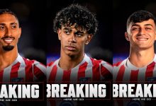 Three footballers in red-and-white striped jerseys on a promo banner, each panel shows a different player's portrait with 'BREAKING' text.