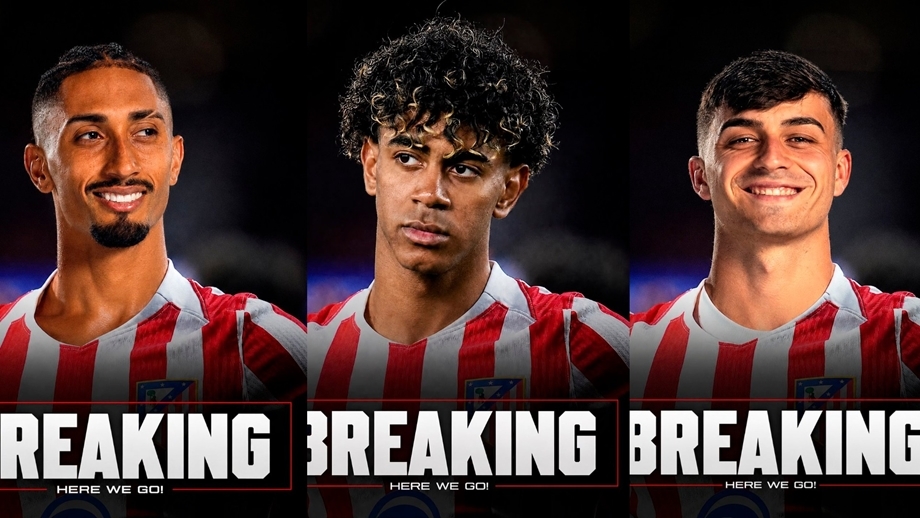 Three footballers in red-and-white striped jerseys on a promo banner, each panel shows a different player's portrait with 'BREAKING' text.