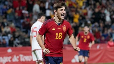 yghuh | MCG24 | موقع إلكتروني مغربي شامل متجدد على مدار الساعة Soccer player in a red Spain jersey number 18 celebrating on the pitch with a cheering crowd behind.