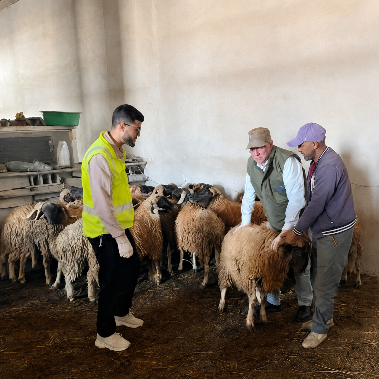 Three men in a barn with a flock of sheep; one man in a bright yellow vest stands at the left while two others, wearing hats, handle a sheep in the center-right.