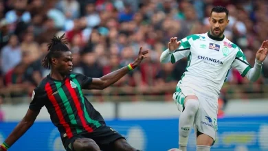 Two soccer players clash for the ball during a match: one in a black kit with red and green stripes challenges a white-and-green player.