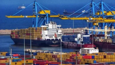 Container port with blue gantry cranes loading a cargo ship; colorful containers stacked on the dock and ships at sea in the background.