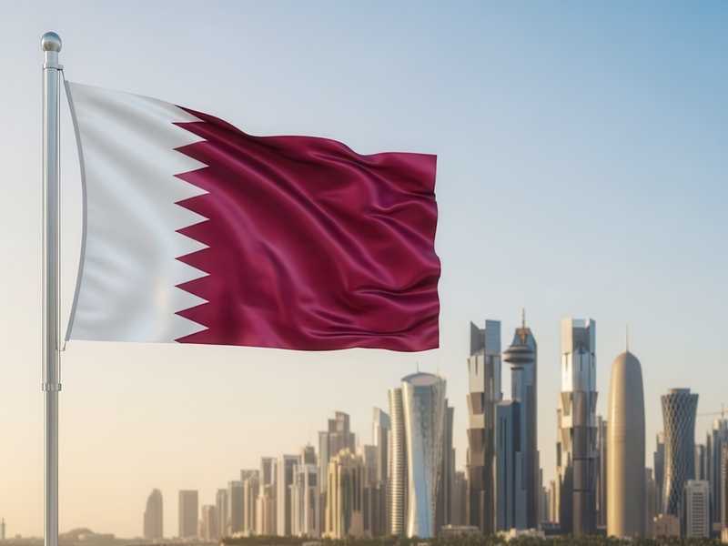 Qatar national flag fluttering on a pole with Doha's modern skyline in the background.