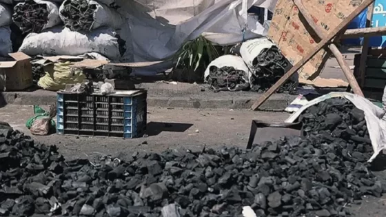 Open-air coal yard with loose coal scattered on the ground and bags in the background, suggesting storage or processing.