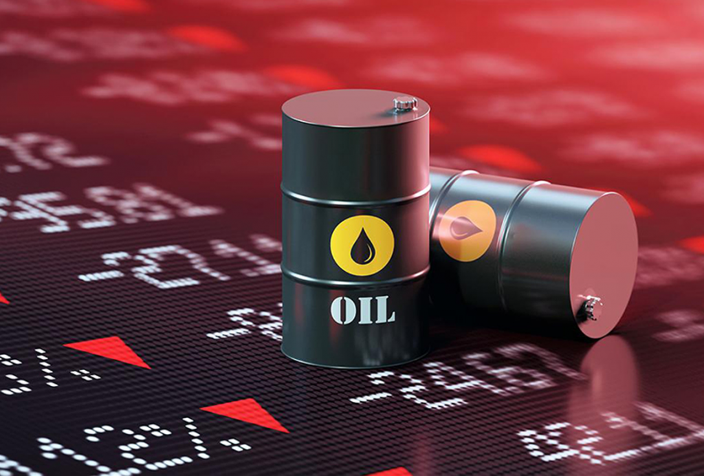 Oil barrels on a dark stock market background with red price indicators, symbolizing crude oil prices.