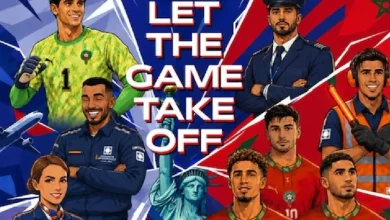 454 | MCG24 | موقع إلكتروني مغربي شامل متجدد على مدار الساعة Collage of diverse professionals—pilot, athlete, stewardess, and crew—under a bold title 'LET THE GAME TAKE OFF'.