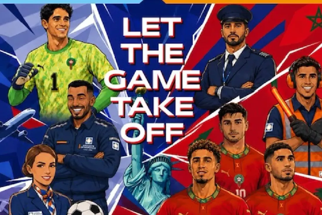 Collage of diverse professionals—pilot, athlete, stewardess, and crew—under a bold title 'LET THE GAME TAKE OFF'.