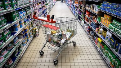 551545488 | MCG24 | موقع إلكتروني مغربي شامل متجدد على مدار الساعة Shopping cart filled with groceries in the center of a supermarket aisle lined with cleaning products on both sides.