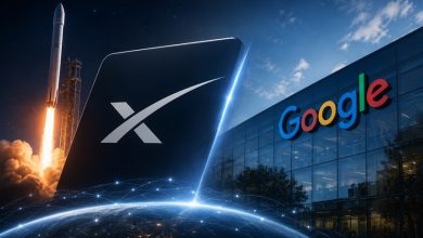 20266603659331YK | MCG24 | موقع إلكتروني مغربي شامل متجدد على مدار الساعة Futuristic scene with a large X-branded device near a rocket launch and the Google building in the background.