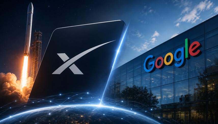 Futuristic scene with a large X-branded device near a rocket launch and the Google building in the background.