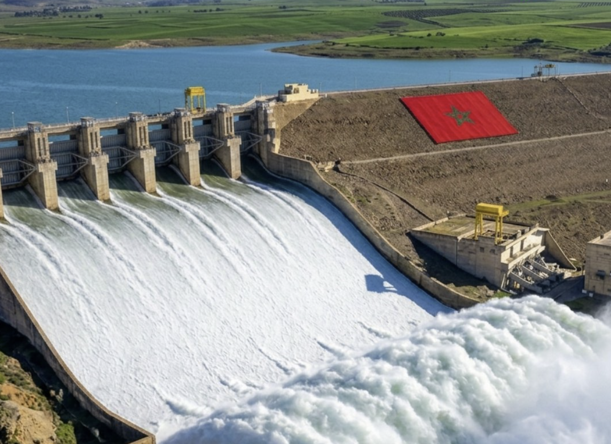 Hydroelectric dam spillway releasing water, with a red Moroccan flag on the embankment and green farmland in the background.