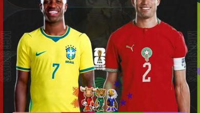 World Cup 2026 promotional poster for Brazil vs Morocco, featuring players in national kits, flags, mascots, and a 23:00 GMT+4 kickoff time.