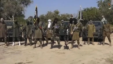 Armed militants in desert, lined up with rifles, wearing masks, with black flags and cars in the background.