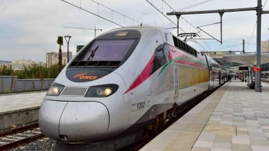 ALBOURAK - TGV MAROCAINE LE 16-11-2018 163 1 | MCG24 | موقع إلكتروني مغربي شامل متجدد على مدار الساعة High-speed train at a platform, with overhead electric lines and a modern white exterior featuring pink and green stripes and the ONCF logo on the front.