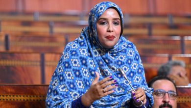 Woman wearing a blue patterned hijab speaks into a microphone in a wood-paneled legislative chamber.