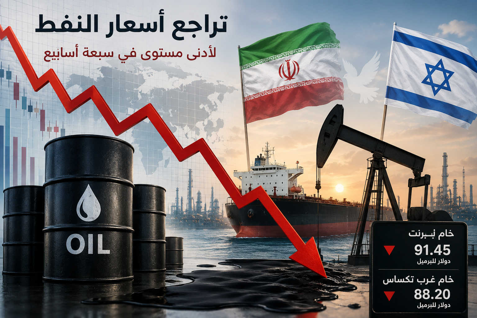 Oil price decline scene: barrels, a red downward arrow, tanker and rig with Iran and Israel flags; Arabic headline about oil prices falling seven weeks low.