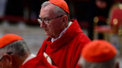 Catholic cardinal in red vestments with glasses, in profile during a ceremony in a church setting.