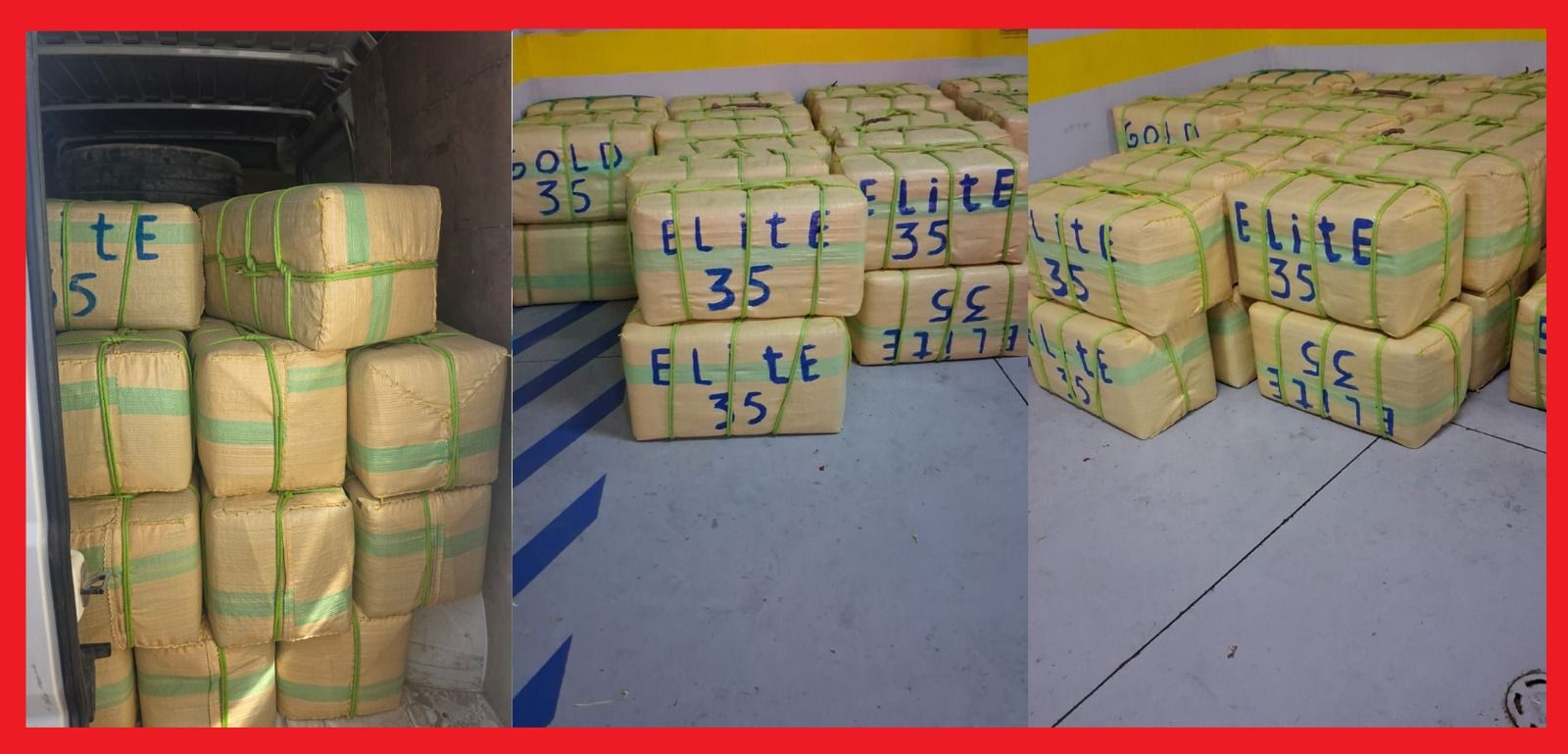 Stacks of beige rectangular bales wrapped in green straps, labeled 'ELITE 35', in a truck and loading area.