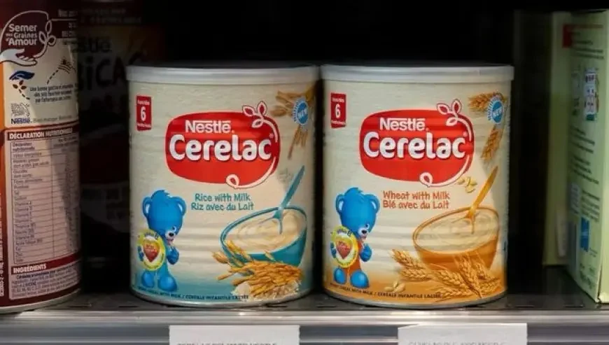 cerelac-1779300758 | MCG24 | موقع إلكتروني مغربي شامل متجدد على مدار الساعة Two cans of Nestlé Cerelac infant cereal on a store shelf: Rice with Milk and Wheat with Milk side by side.