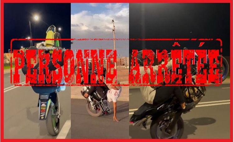 Three motorcyclists performing wheelies on a road, overlaid with a bold red 'PERSONE ARRETEÉ' stamp.