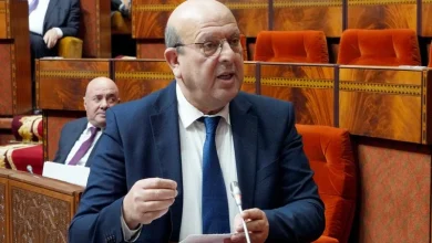 عبد الجبار الرشيدي | MCG24 | موقع إلكتروني مغربي شامل متجدد على مدار الساعة Middle-aged man in a suit and glasses speaking into a microphone in a parlament-like chamber, holding papers.