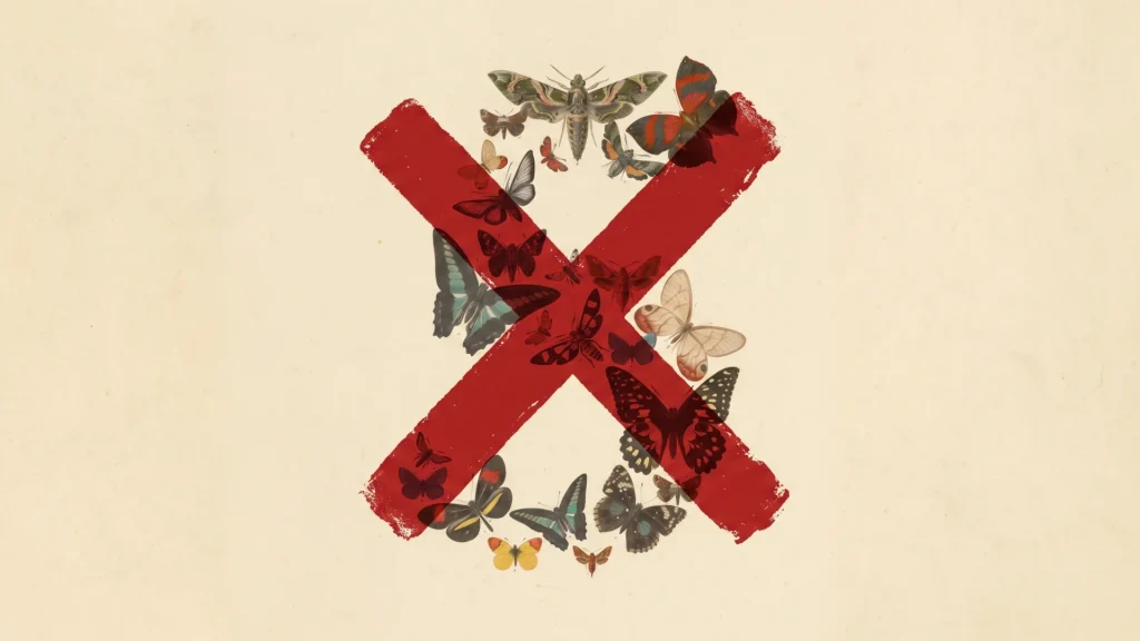 fable5banned | MCG24 | موقع إلكتروني مغربي شامل متجدد على مدار الساعة Red X prohibition symbol over a collage of butterflies on a pale background, suggesting 'no butterflies'.