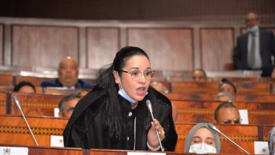 Woman with dark hair and glasses speaks into a microphone in a wood-paneled parliamentary chamber. Behind her, seated colleagues listen. A blue mask rests under her chin.