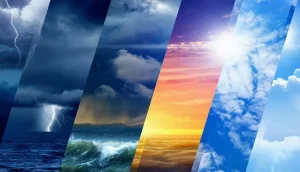 Collage of weather scenes across diagonal strips: lightning over the ocean, dark storm clouds, rough waves, a sunset glow, and clear blue skies.