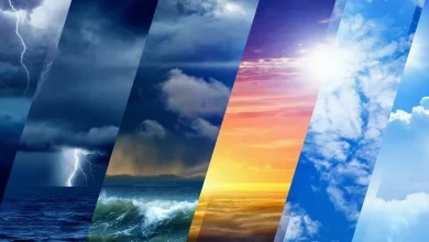 Collage of weather scenes across diagonal strips: lightning over the ocean, dark storm clouds, rough waves, a sunset glow, and clear blue skies.