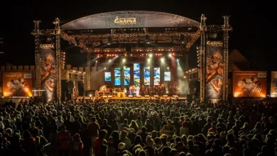 Outdoor nighttime concert with a large crowd facing a well-lit stage and multiple vertical video screens.