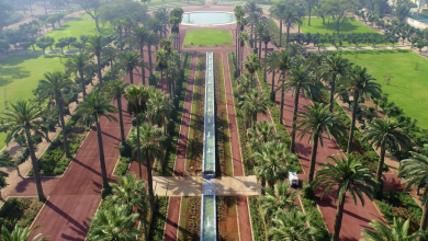 screenshot-2026-06-18-123636 | MCG24 | موقع إلكتروني مغربي شامل متجدد على مدار الساعة Aerial view of a formal park with red brick paths, tall palm trees, and a central long fountain leading to a circular pond.