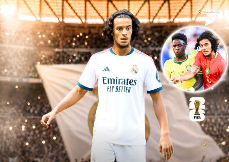 ssssssszazs | MCG24 | موقع إلكتروني مغربي شامل متجدد على مدار الساعة Real Madrid footballer in white kit walking toward the camera on a stadium pitch, Emirates Fly Better sponsor visible; circular inset shows two other players and a red-jersey teammate with a FIFA World Cup trophy icon.