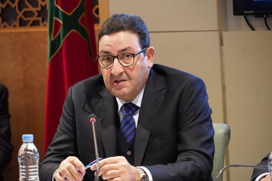 vis_0414202514193802 | MCG24 | موقع إلكتروني مغربي شامل متجدد على مدار الساعة Man in a dark suit and striped tie speaks into a microphone at a conference, with a Moroccan flag in the background.