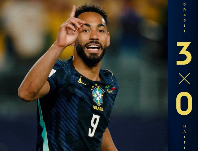 brazil | MCG24 | موقع إلكتروني مغربي شامل متجدد على مدار الساعة Brazilian national team forward wearing number 9 celebrates on the pitch, making an OK gesture after a 3-0 win over Haiti.