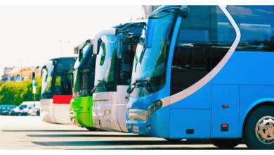 النقل-الطرقي-1-768x432-1 | MCG24 | موقع إلكتروني مغربي شامل متجدد على مدار الساعة Line of colorful modern buses parked in a bus depot on a sunny day, blue bus in foreground