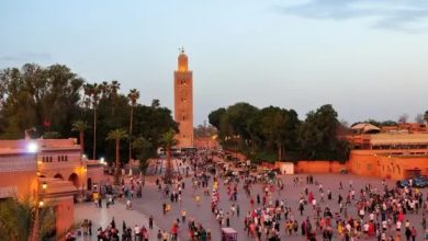Crowded plaza in Marrakech with the Koutoubia minaret, palm trees, and warm sunset light.